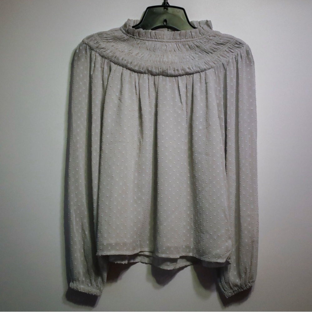 NWT Ann Taylor Smocked Mock Neck Gray Textured Blouse